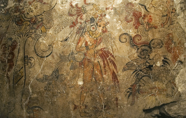 Pin, II aC Mural de San Bartolo, Sacrificio de Sangre al Dios Ciervo,  a otro y al Dios Guajal, Mayas 