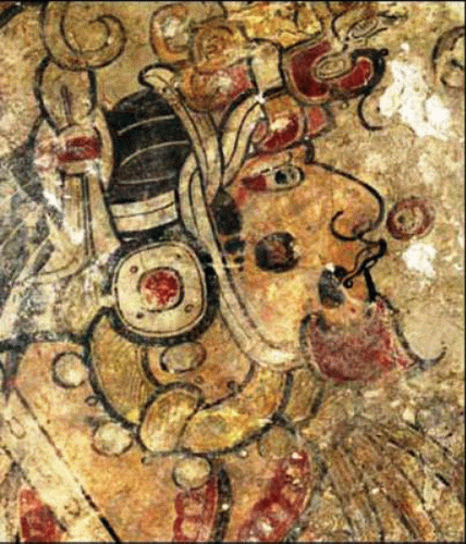 Pin, II aC, Mural de San Bartolo, Cuatro Sacrificios de Sangre al Dios Ciervo,otro dios y al dios Guajol, Mayas