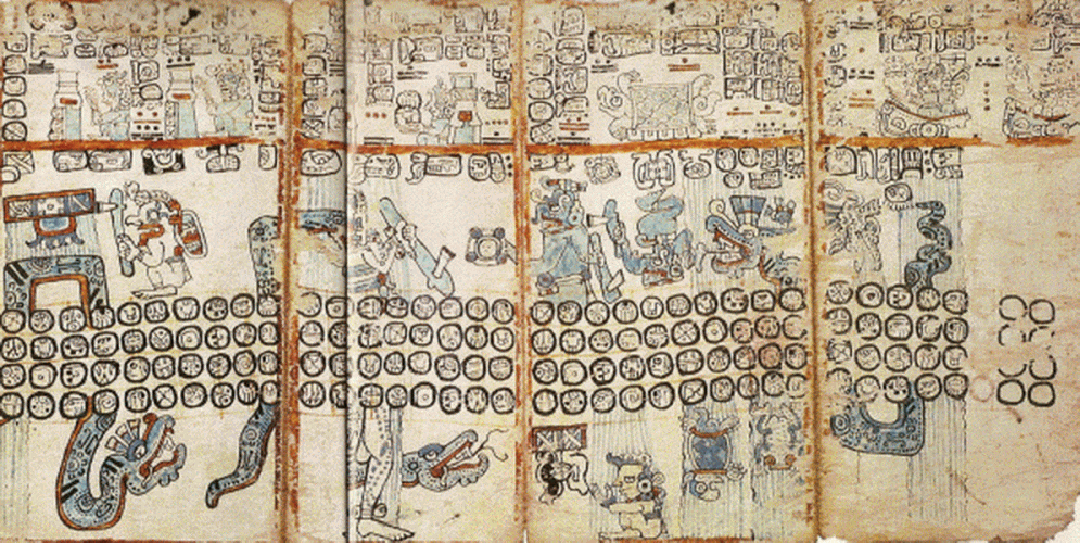 Pin XVI-XVII Cdice de Madrid Serpientes Lluvia entre Dioses Glifos de los Das, Mayas