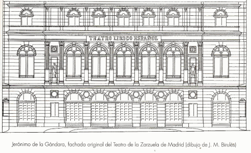 Arq, XIX, Gandara, Jernimo, Teatro de la Zarzuela, fachada, Madrid, Espaa