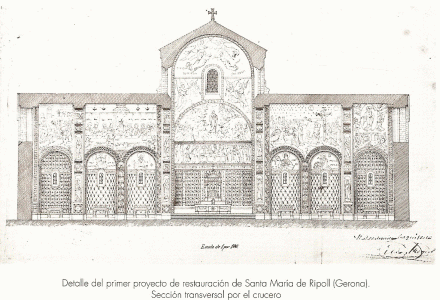 Arq, XIX, Santa Mara de Ripoll, proyecto, seccin transversal, interior, ilustracin, neorromnico
