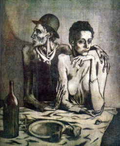 Pin, XX, Picasso, La comida frugal, grabado, M. Picasso, Barcelona, 1904