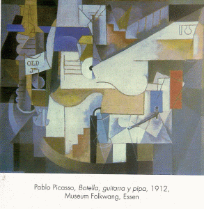 Pin, XX, Picasso, Botella, guitarra y pipa, Museum Folkwang, Essen, Alemania, 1912