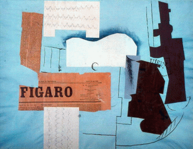 Pin, XX, Picasso, Botella, viejo Marc, criostal, guitarra, peridico, collage, Tate Gallery, London