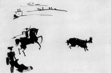 Pin, XX, Picasso, Citando al toro con rejn, grabado a punta seca, 1957