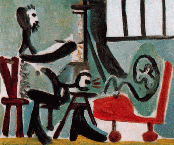 Pin, XX, Picasso, El pintor y su modelo I, leo sobre lienzo, 1963