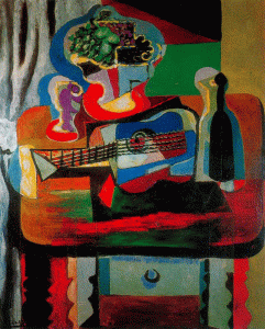 Pin, XX, Picasso, Guitarra, botella, frutero y mesa, Col. Berggruen, Ginebra, Suiza, 1919