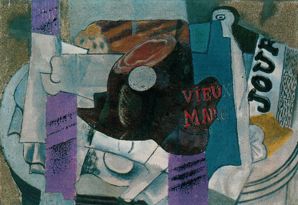 Pin, XX, Picasso, Jamn, copa y botella de Vieux Marc, M. dArt Ville, Pars, 1914