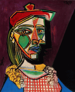 Pin, XX, Picasso, Mujer con boina y vestido a cuadros, leo sobre lienzo, Col. privada, 1937