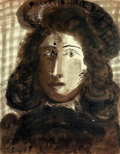 Pin, XX, Picasso, Mujer con sombrero, tinta china-acuarela-papel, 1943