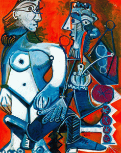 Pin, XX, Picasso, Mujer desnuda de pie y hombre con pipa, Galera Rosengard, Lucerna, Suiza, 1968