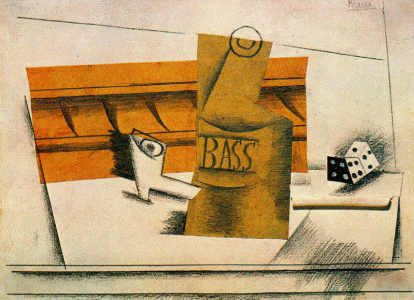 Pin, XX, Picasso, Pipa, botella de Bass, dado, Galerie Beyeler, Basilea, Suiza, 1914