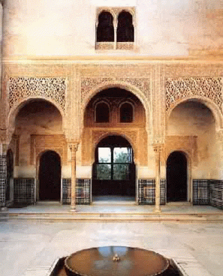 Arq, XIV, Alhambra, Acceso al Mexuar u Oratorio y Patio anterior con Fuente, Granada, Espaa