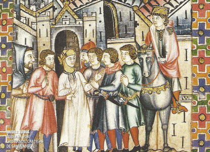 Miniatura XIII, Mujer juda rodeada por cristianos, Cntigad de Santa Mara, Alfonso X  el Sabio