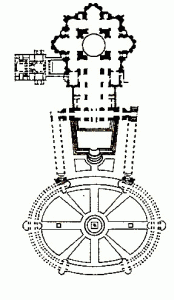 Arq, XVI-XVII, San Pedro del Vaticano, plantas -baslica del XVI- y -prtico-calumanata- del XVII, Roma 