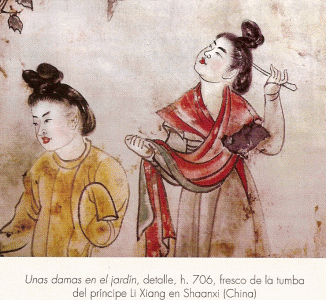 Pin, XVIII, DIN Tang, Damas en el Jardn, Fresco,Tumba de Li Xiang, Shaanxi