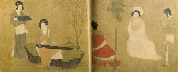 Pin, VIII, DIN Tang, Zhou Fang Afinando el Qin y Bebiendo T, Seda, The Nelson Atkins M. od Art