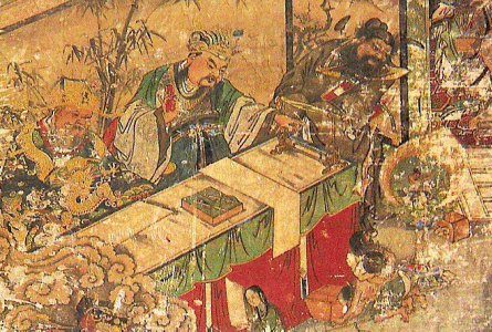 Pin, XVIII, DIN Qing, Interrogando a un Espritu, Mural, Templo Siyun Dunhuang, Gansu, 1730