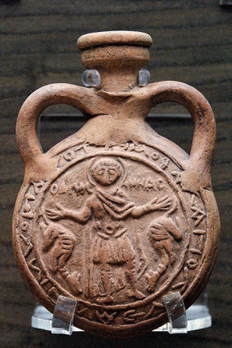 Cermica, VI-VII, Frasco de Peregrino con San Minas entre Casmellos, M. Louvre, Paris, Francoia