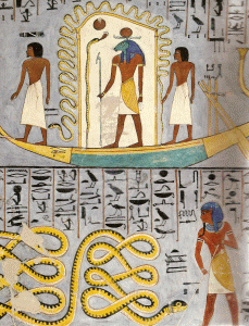 Pin, DIN XIX, Dios solar Re protegigo por la serpiente y Atum detiene a la serpiente Apep o Apofis, Libro de las Puertas, Tumba de Ramss I, 1295-1294
