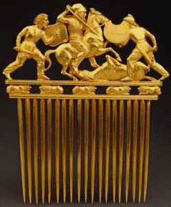 Orfebrera, V-IV, Peine con Combate, Oro, 490-390 aC