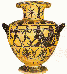 Cermica, VI aC, Odiseo cegando a Polifemo, hidra, M. Villa Giulia, Roma 520 aC.
