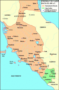Mapa, V, Etruria y El Lacio, hacia 490 aC.