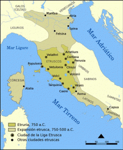 Mapa, VIII-V, Etruria, y El Lazio, hacia 750-500 aC.