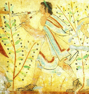 Pin, V aC., Flautista, Banquete de los leopardos, detalle, Tarquinia, Lacio, Italia