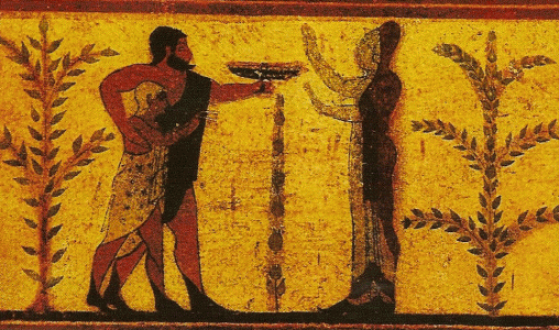 Pin, VI aC., Ofrenda, Tumba del Barn, fresco, Tarquinia, Lacio, Italia, 510-500 aC.