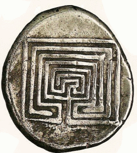 Numismtica, IV aC., Moneda con el Laberinto de Cnosos, Plata, M. de Canda, Creta, 320-300