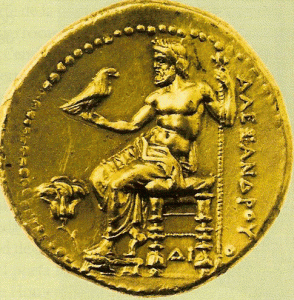 Numismtica, IV aC., Moneda con Zeus en su Trono, poca de Alejandro Magno