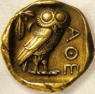 Numismtica, V aC., Tetradragma, con la Lechuza Smbolo de Atenea como Sabidura