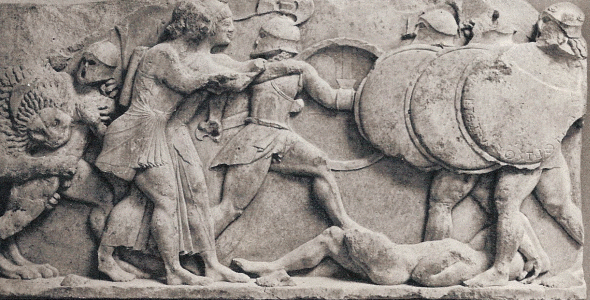 Esc, VI aC., Dioses y Gigantes, Relieve, Tesoro de Sifnos, Metopa, Islas Ccladas, Grecia, 550-525 aC.  