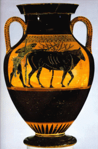 Cermica, VI aC.. Anfora tica, Hrcules y el Toro Minos