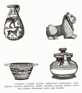 Cermica, VI aC., Cermica Corintia: Alabastron Corinto, Vaso Plstico, Skyphos, Pixis con Cabezas Femeninas con Asa