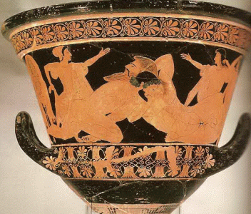 Cermica, VI aC., Eufronio, Crtera, Lucha entre Heracles y Anteo, Cerveteri, M. del Louvre, Pars, 510