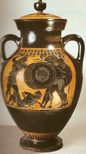 Cermica, VI aC., Exequias, nfora tica, Heracles y los Geriones,, Vulci, M. del Louvre, Pards, Francia,  Paris, 540