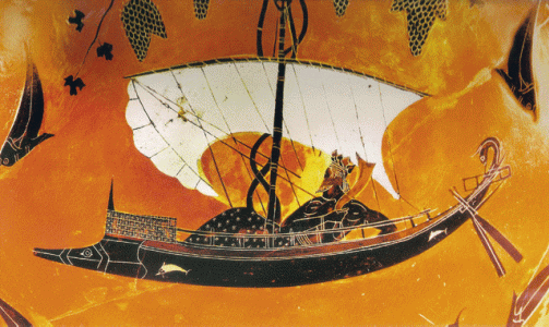 Pin, VI aC., Exequias, Dionisos en Barca y los  Piratas, Kylix, Vulci, Antikensammlung, Munich, Alemania, 540-530 aC.