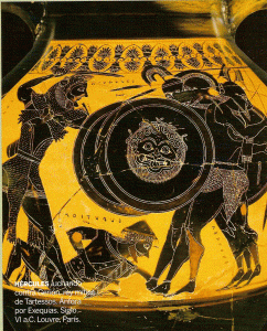 Cermica, VI aC., Exequias, Anfora, Hrcules lucha con Gerion, M. del Louvre, Pars, FRancia