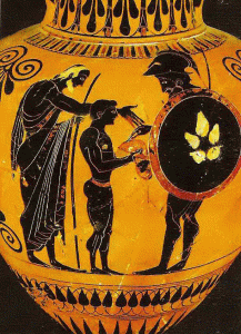 Cermica, VI aC., Hoplita Mirando el Hgado para Adivinar el Futuro