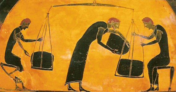 Cermica, VI aC., Pintor de Teleides, Anfora, Pesaje de Mercancas, Metropolitan Museum de N. York, USA
