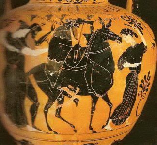 Cermica, VI aC., Anfora, Vuelta de Efesto al Olimpo, Kunsthistorisches Museum, Viena, 550-500
