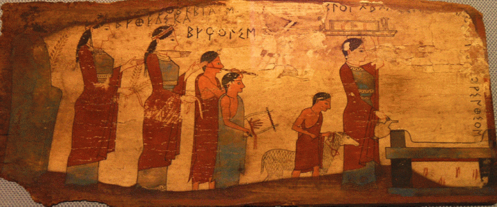 Pin, VI aC., Pinax, Procesin para Sacrificio, Tablilla de Madera, Gruta de Scisin, Corinto, M. Nacional de Atenas, Grecia, 540 aC.