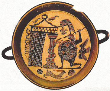 Cermica, VI aC. Copa Espartana, Dadmo, fundador de Tebas, contra el Dragn Ares