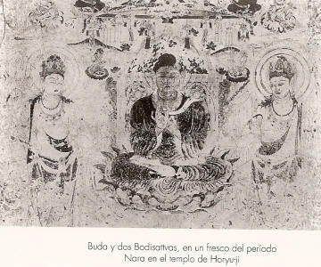 Pin, VIII, Buda y Dos Bodisattvas, Fresco, Perodo Nara, Templo de Horyu ji