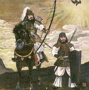 Pin, XIX, Katsushika Hokusai, El emperador Jinmu es guiado por un cuervo a la conquista de Yamato, xolografa, Yasaki Inarri