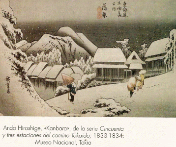Pin, XIX, Hoiroshige Utawada, Kanbara, serie Cincuenta y tres estaciones etc .... M. Nacional, Tokio, 1833