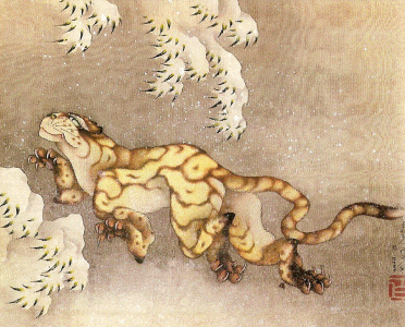 Pin, XIX, Katsishika Hokusai, Viejo tigre em la nieve, seda, Col. particular