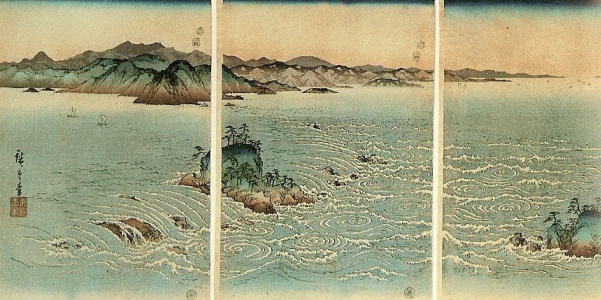 Pin, XIX, Utagawa Hiroshige, Vista de los remolinos de Naruto Awa, xilografa, Col. Baur, Ginebra